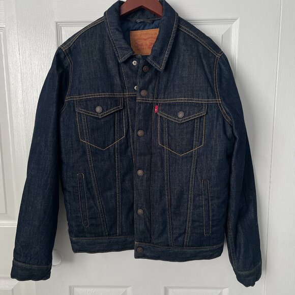 Men's Levi's Indigo Dark Wash Goose Down Denim Jacket Small - Picture 1 of 7